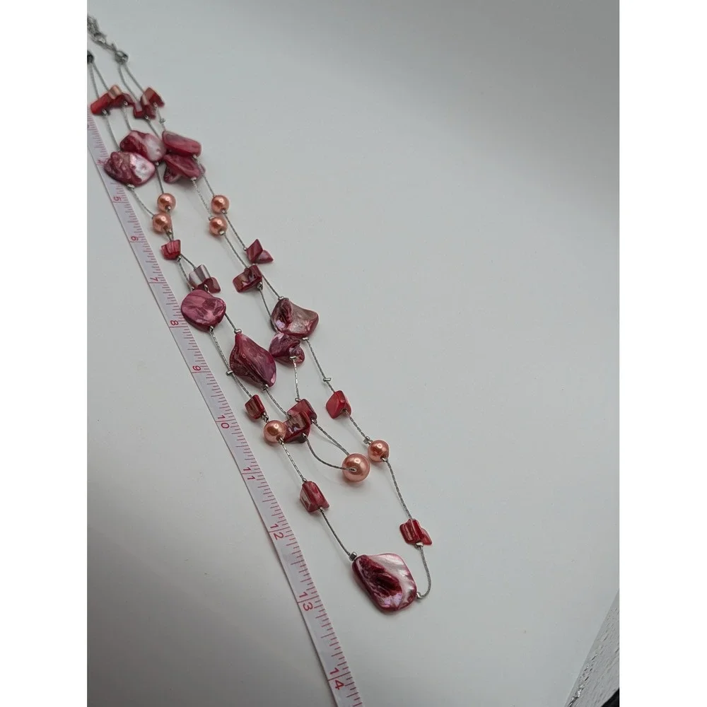 Unsigned Pink Mother of Pearl Shell Multi Strand Necklace and Earring Set Boho